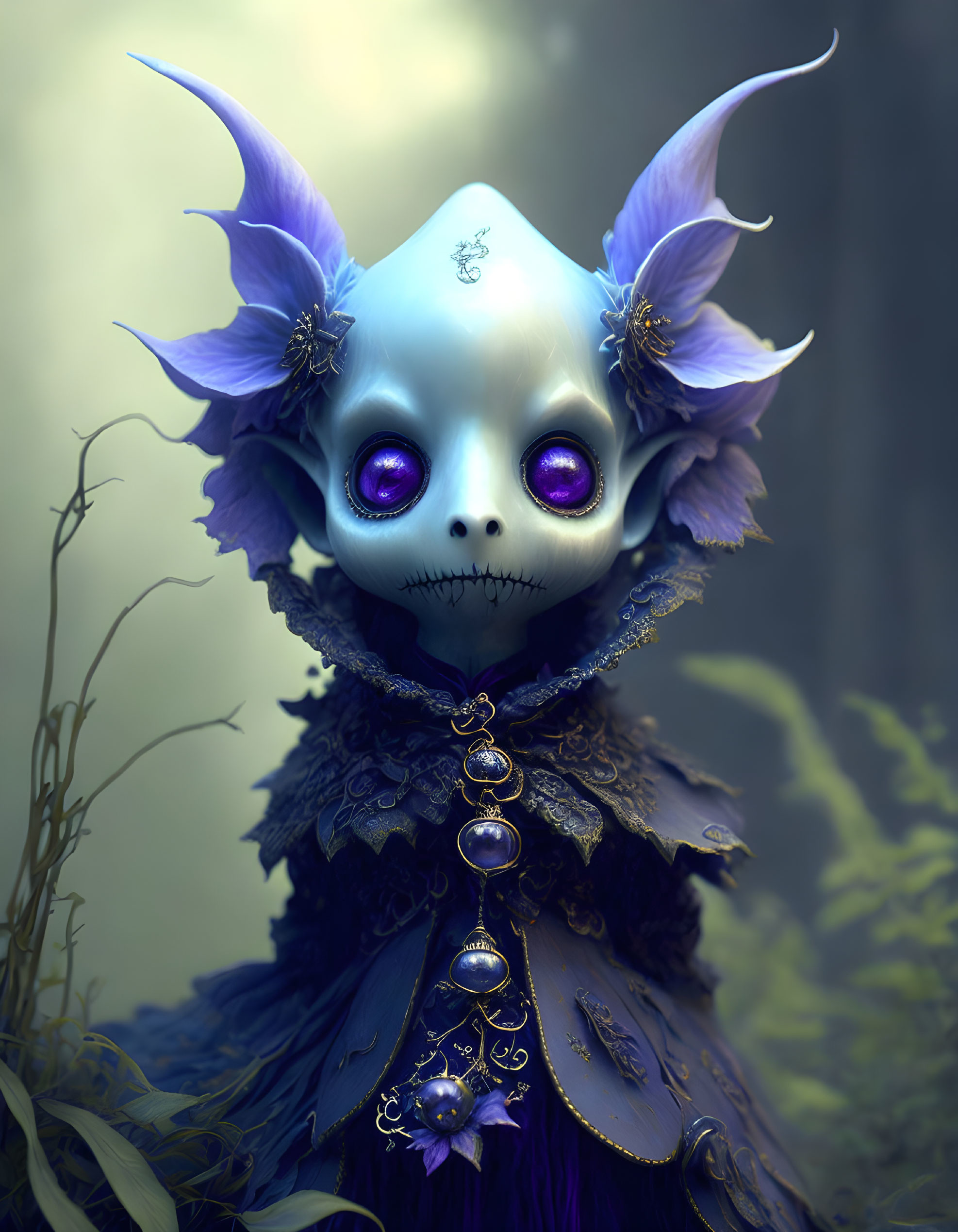 Skull-like face creature with purple eyes and floral ears in dark collar