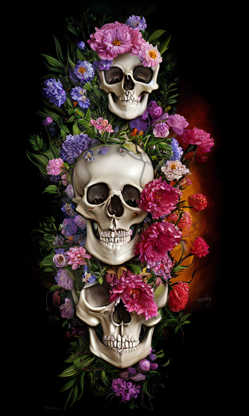 Human skulls with colorful flowers and foliage on black background