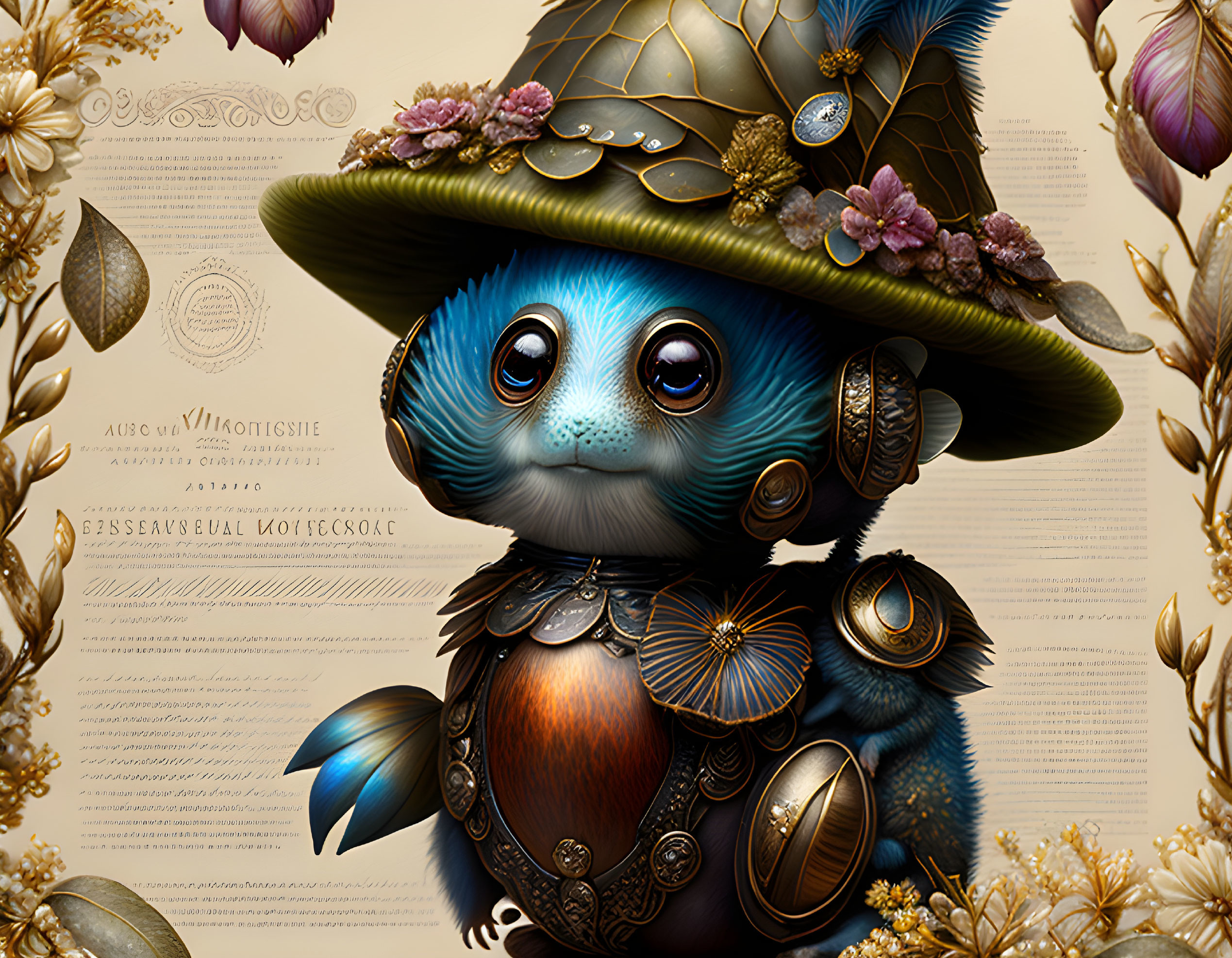 Blue-furred creature with large eyes in botanical-themed illustration