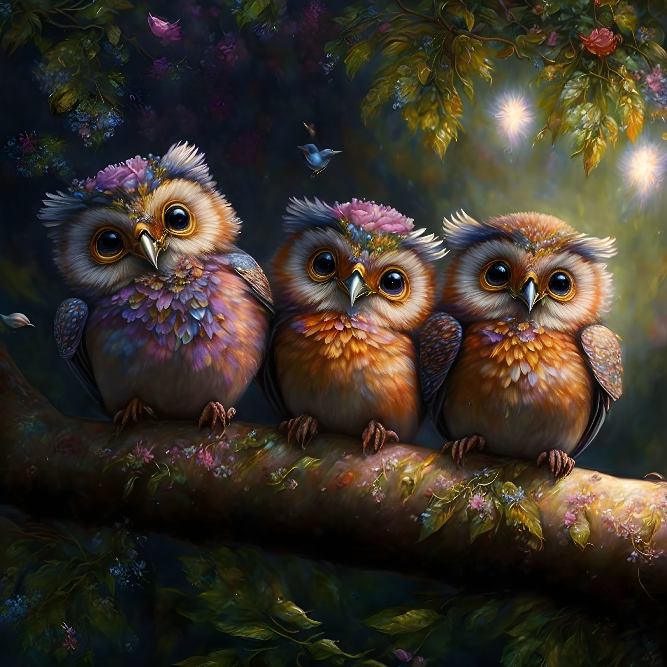 Whimsical cartoonish owls on branch in enchanted forest landscape