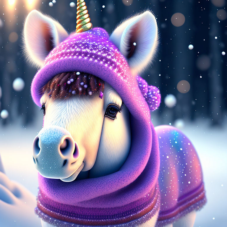 Whimsical unicorn in pink horn and purple cloak in snowy scene