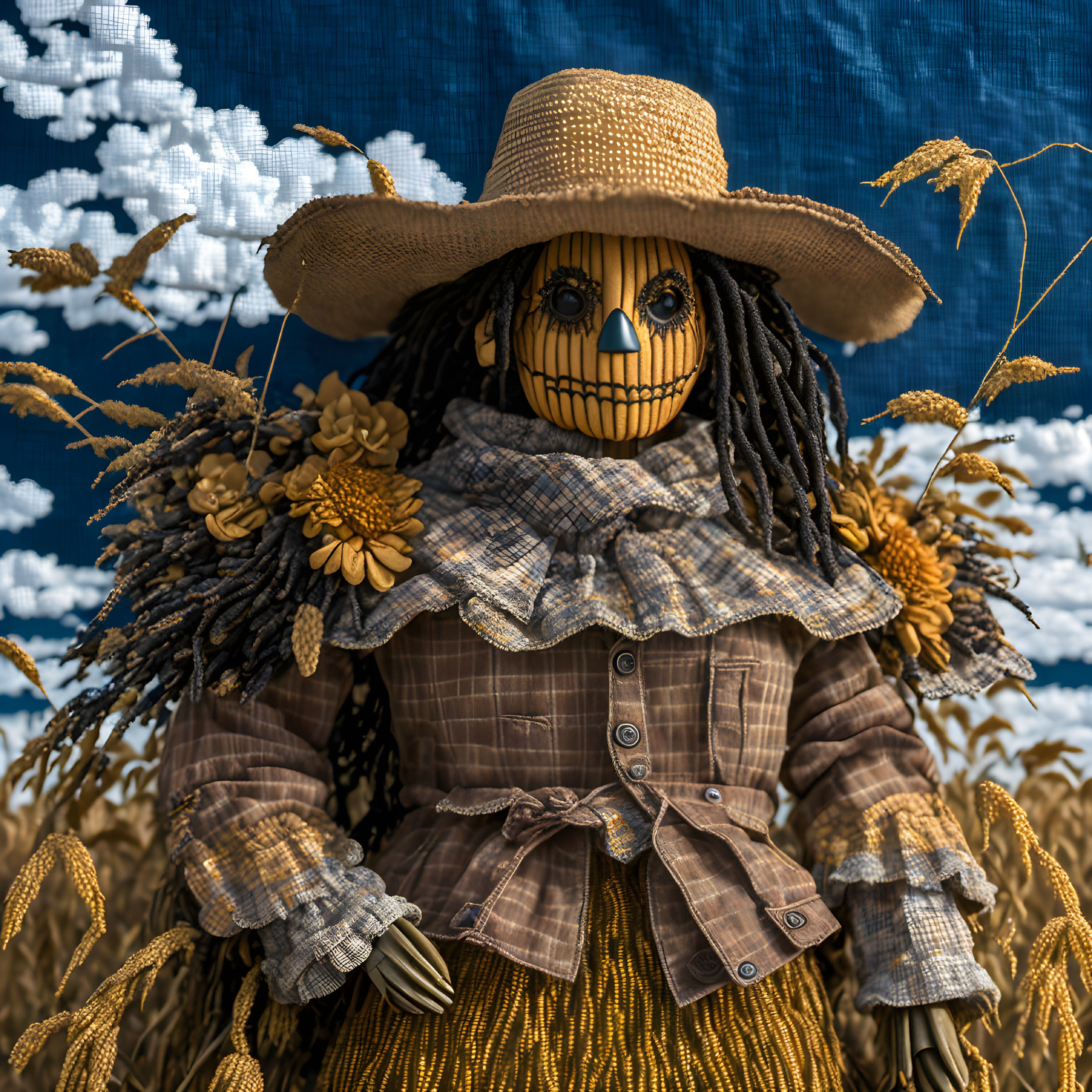 Cheerful scarecrow in straw hat and checkered shirt among wheat