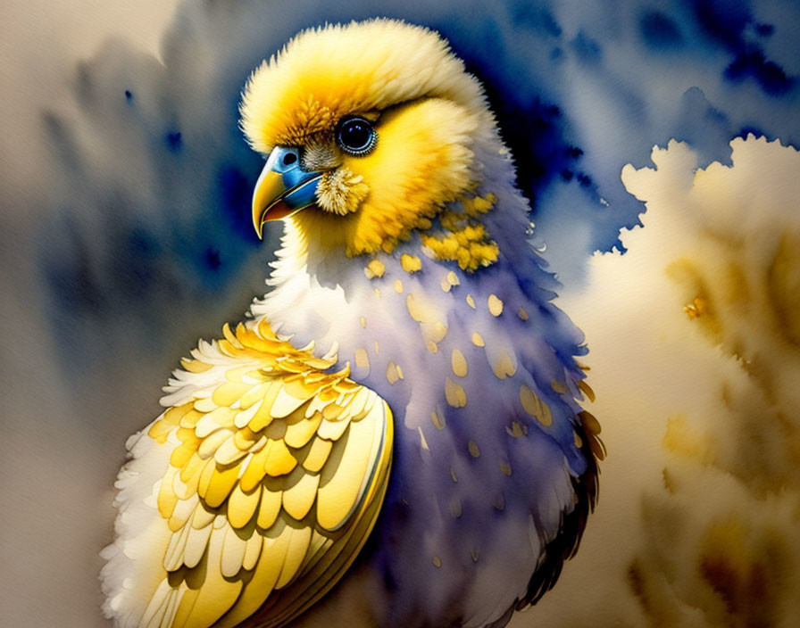 Colorful digital painting of a bird with yellow head and blue beak