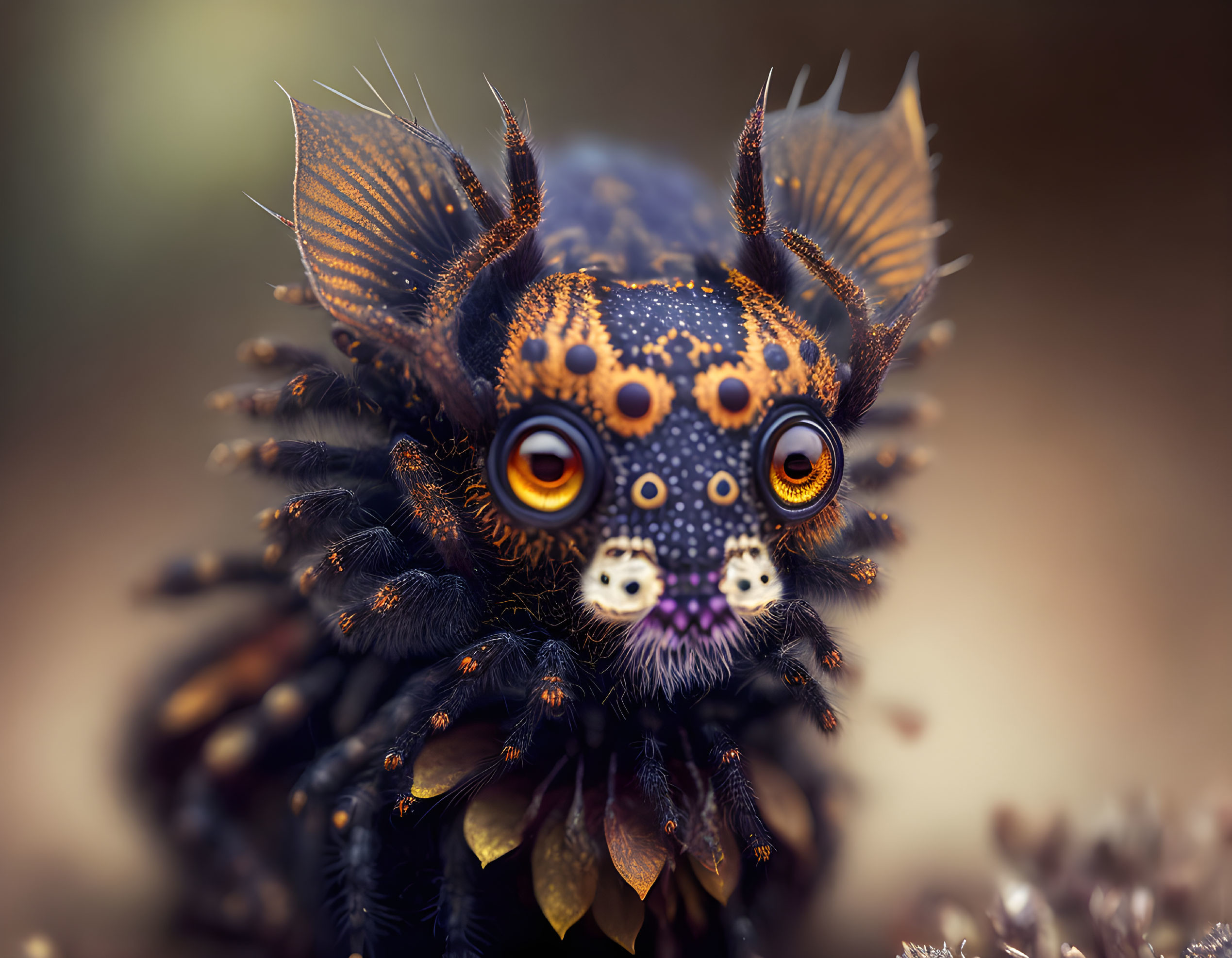 Vibrant orange and black fantastical creature with multiple eyes and feather-like antennae