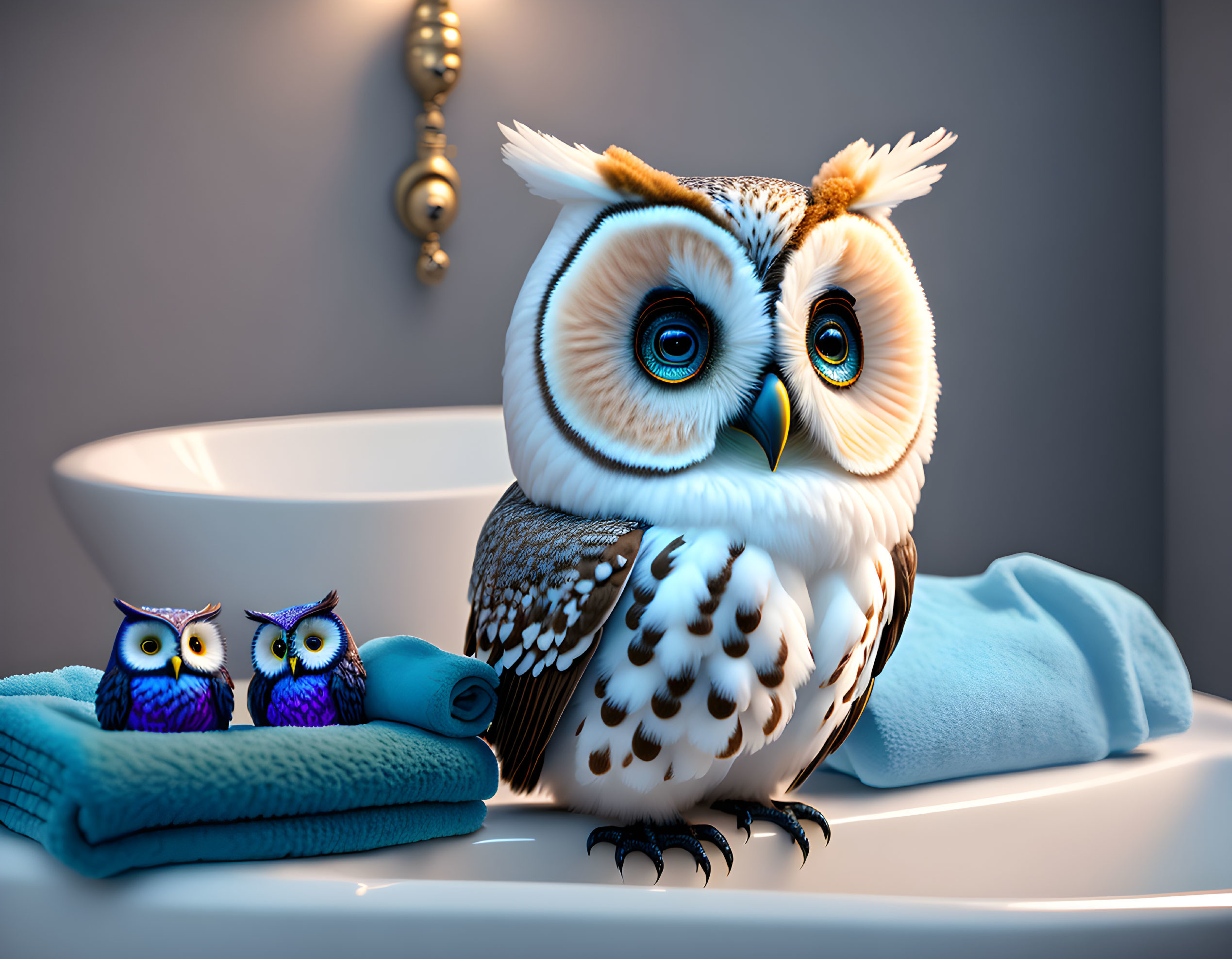 Illustrated owl with blue eyes on bathroom counter with mini owl figurines