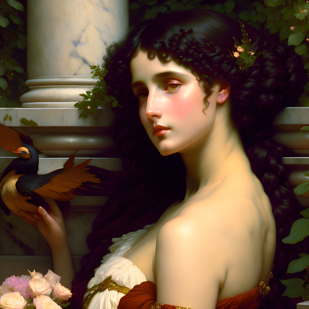 Portrait of woman with curly hair and gold leaves, holding bird near marble pillar.