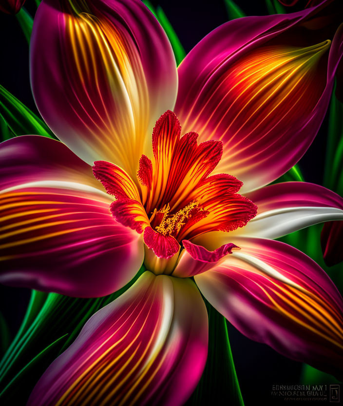 Colorful digital flower art with pink and yellow petals on black background