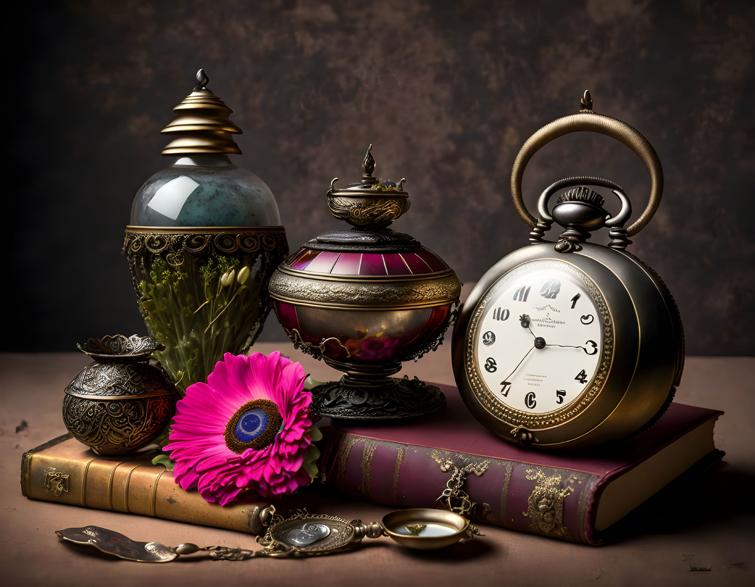 Classic Still Life Composition with Pocket Watch, Flower, Containers & Books