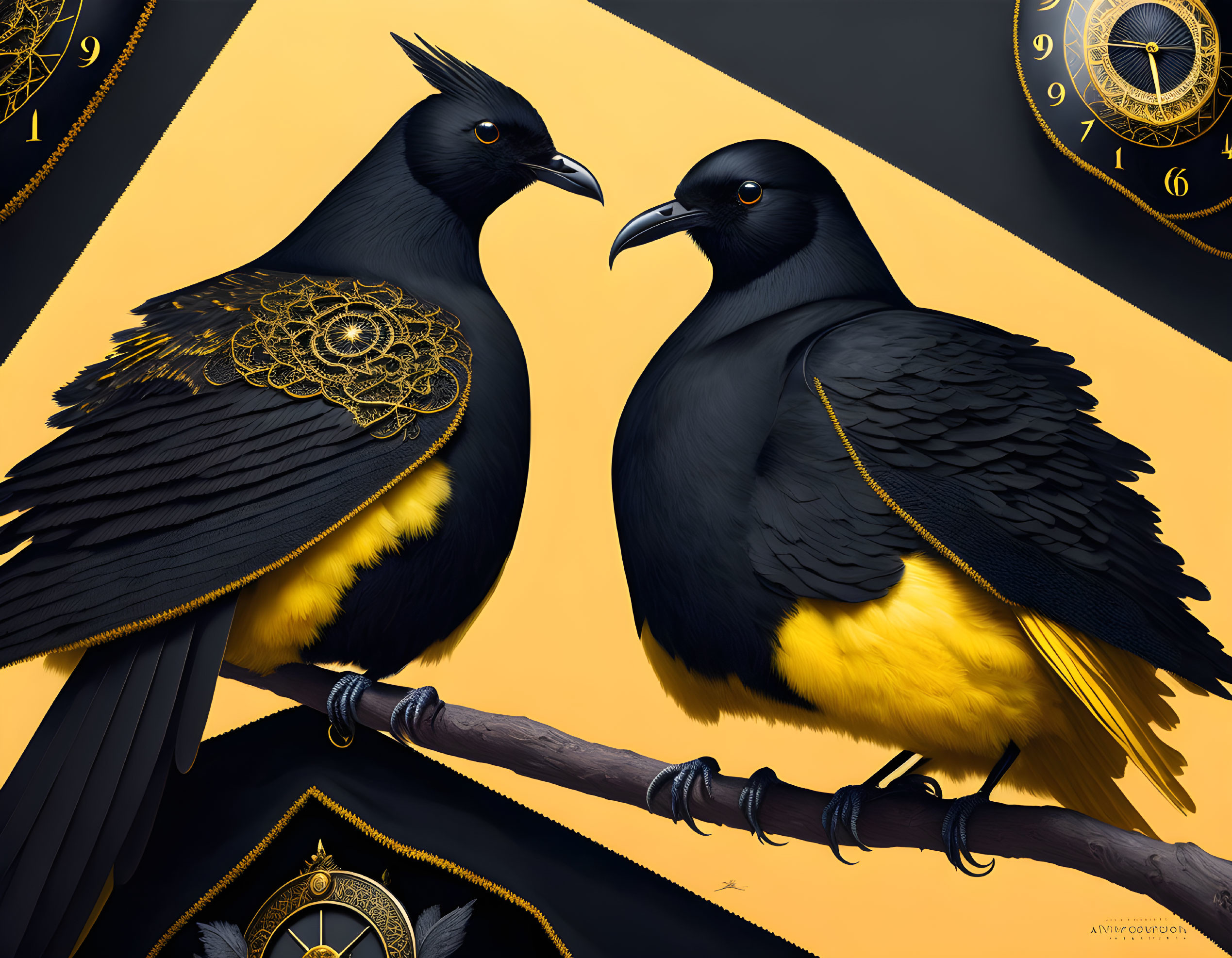 Stylized black and yellow birds on branch with ornate feathers against clock motifs.