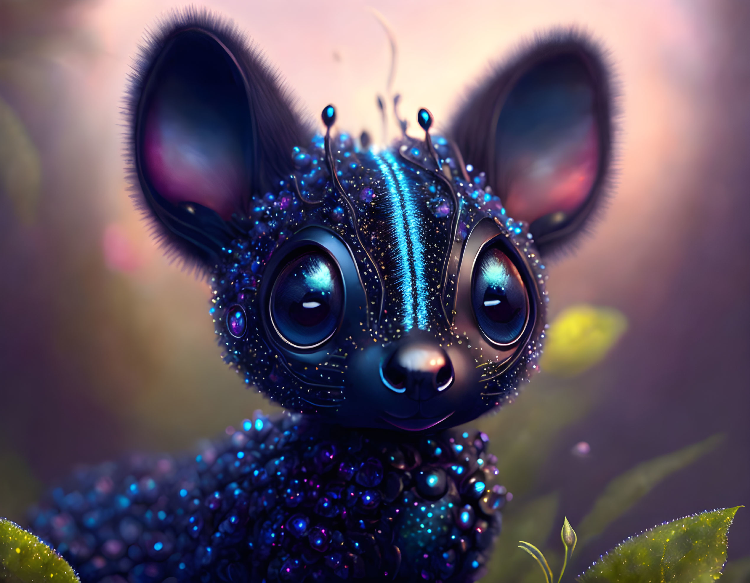 Stylized digital illustration of cute critter with glossy eyes and iridescent blue droplets