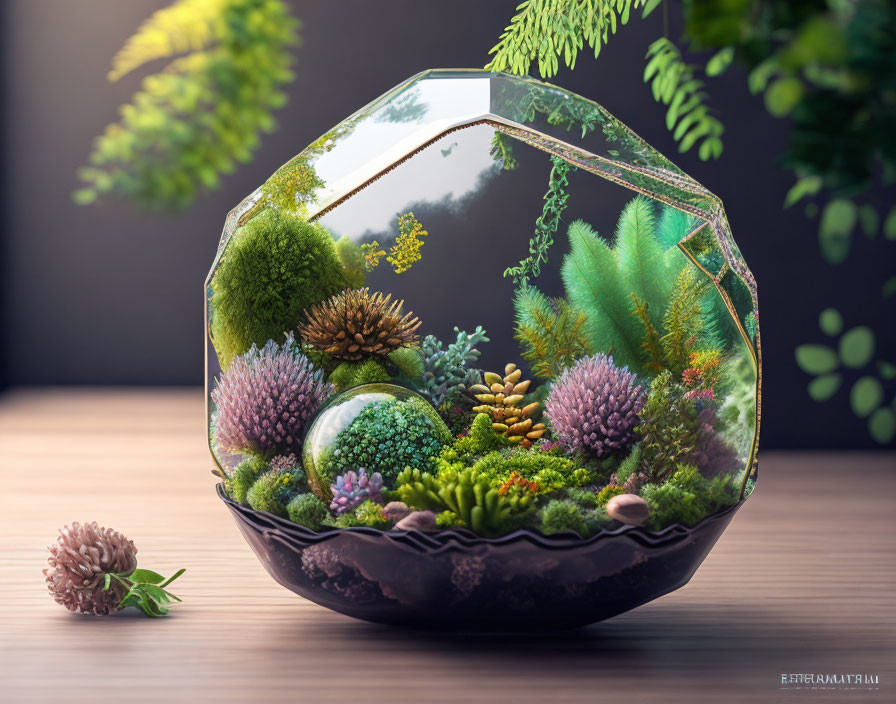 Miniature terrarium with diverse plants and moss in geometric glass container