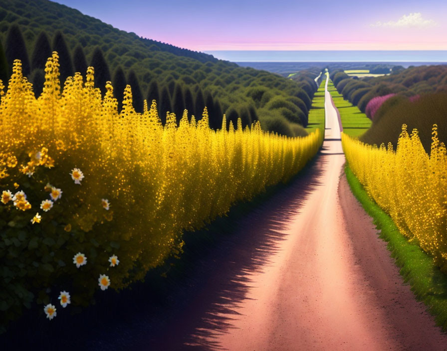 Tranquil Path with Yellow Flowers and Purple Sky