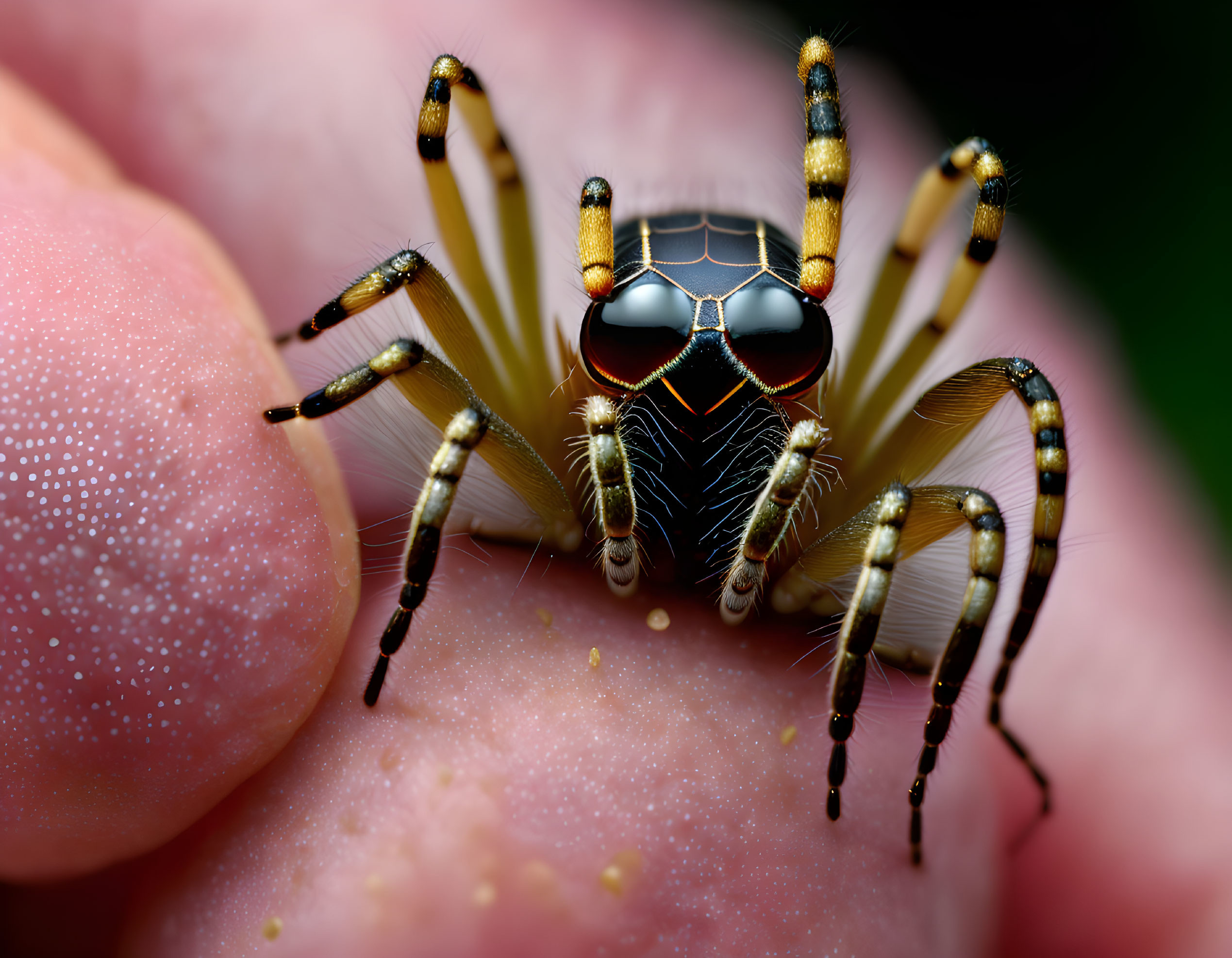 Detailed Close-Up of Jumping Spider on Human Fingertip