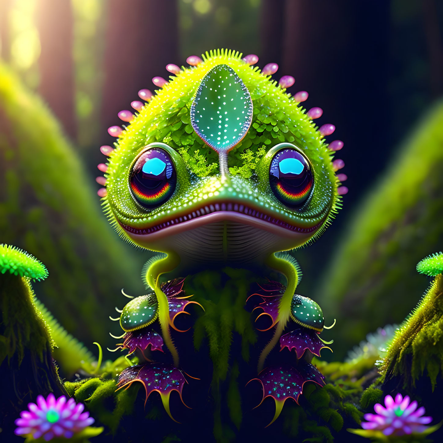 Vibrant chameleon illustration in lush greenery