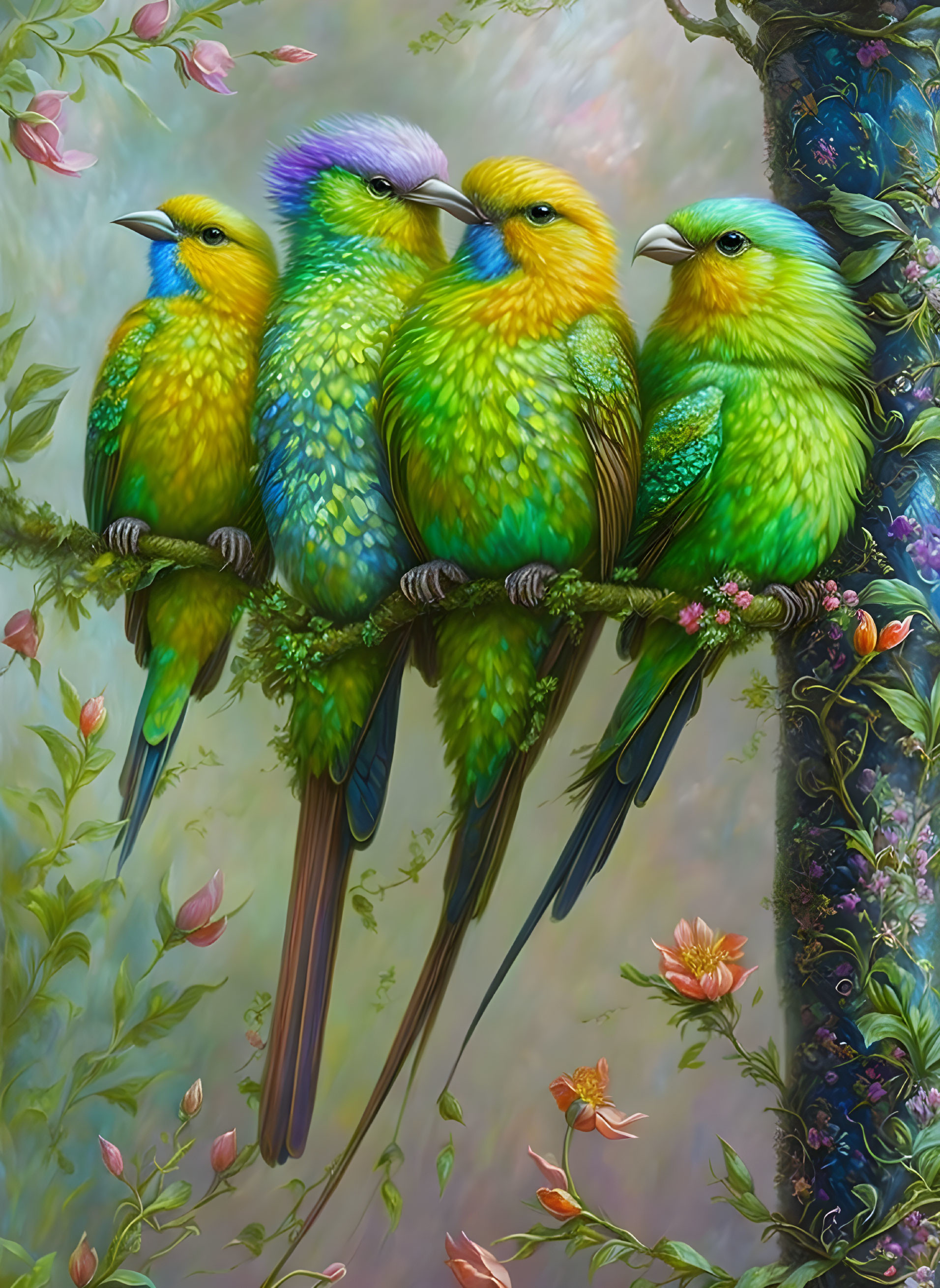 Four vibrant multicolored birds on a branch with lush green leaves and pink flowers