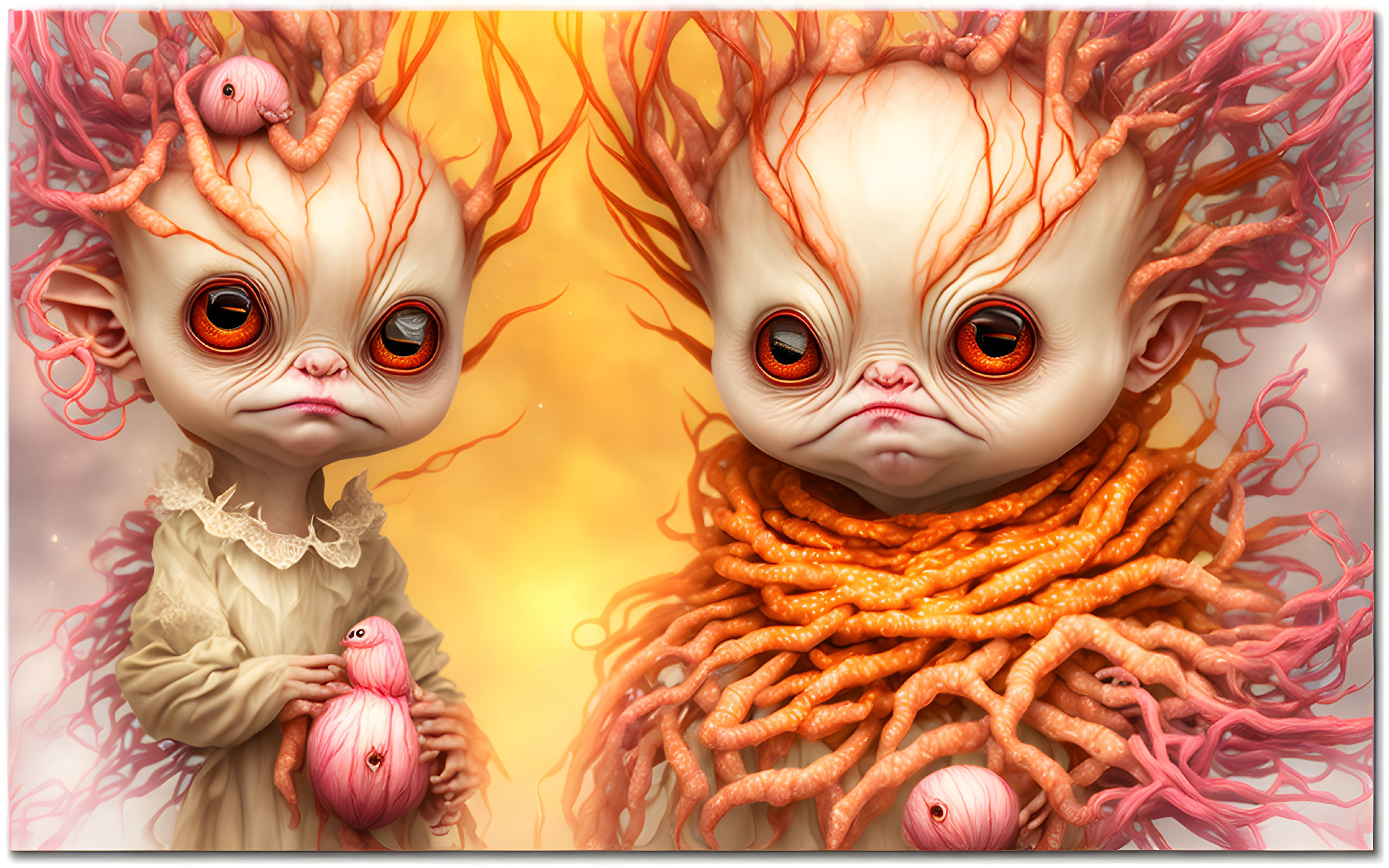 Whimsical creatures with large eyes and pastel attire on golden backdrop