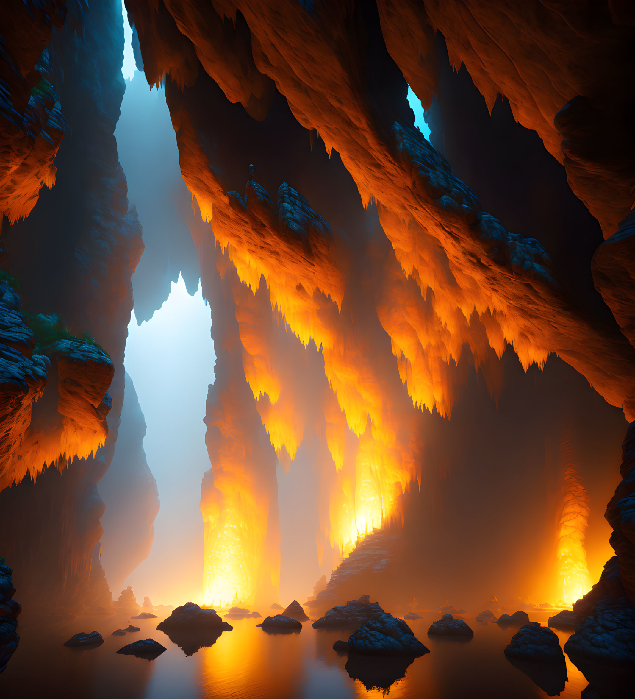 Surreal cave with glowing lava-like light and calm water