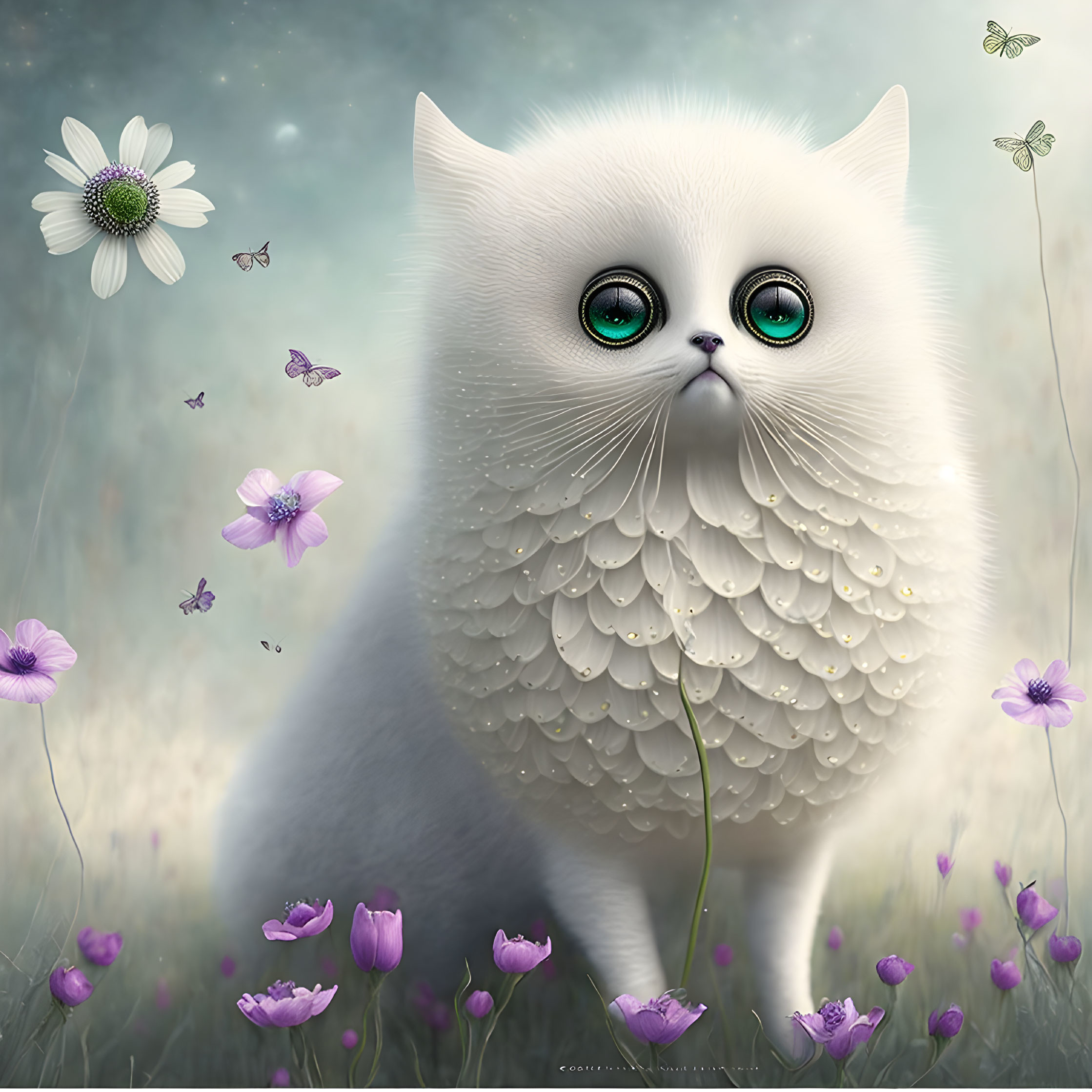 White cat with green eyes in meadow with butterflies and flowers