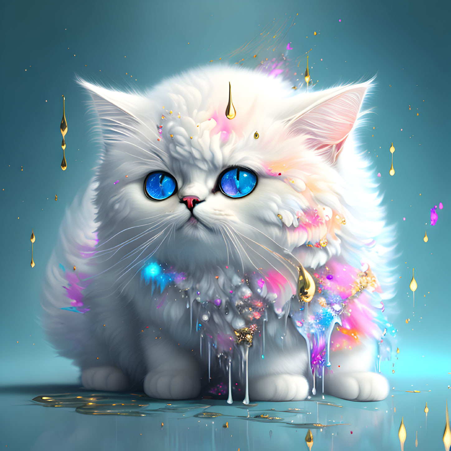 Fantastical white fluffy cat with sparkling blue eyes and colorful splashes