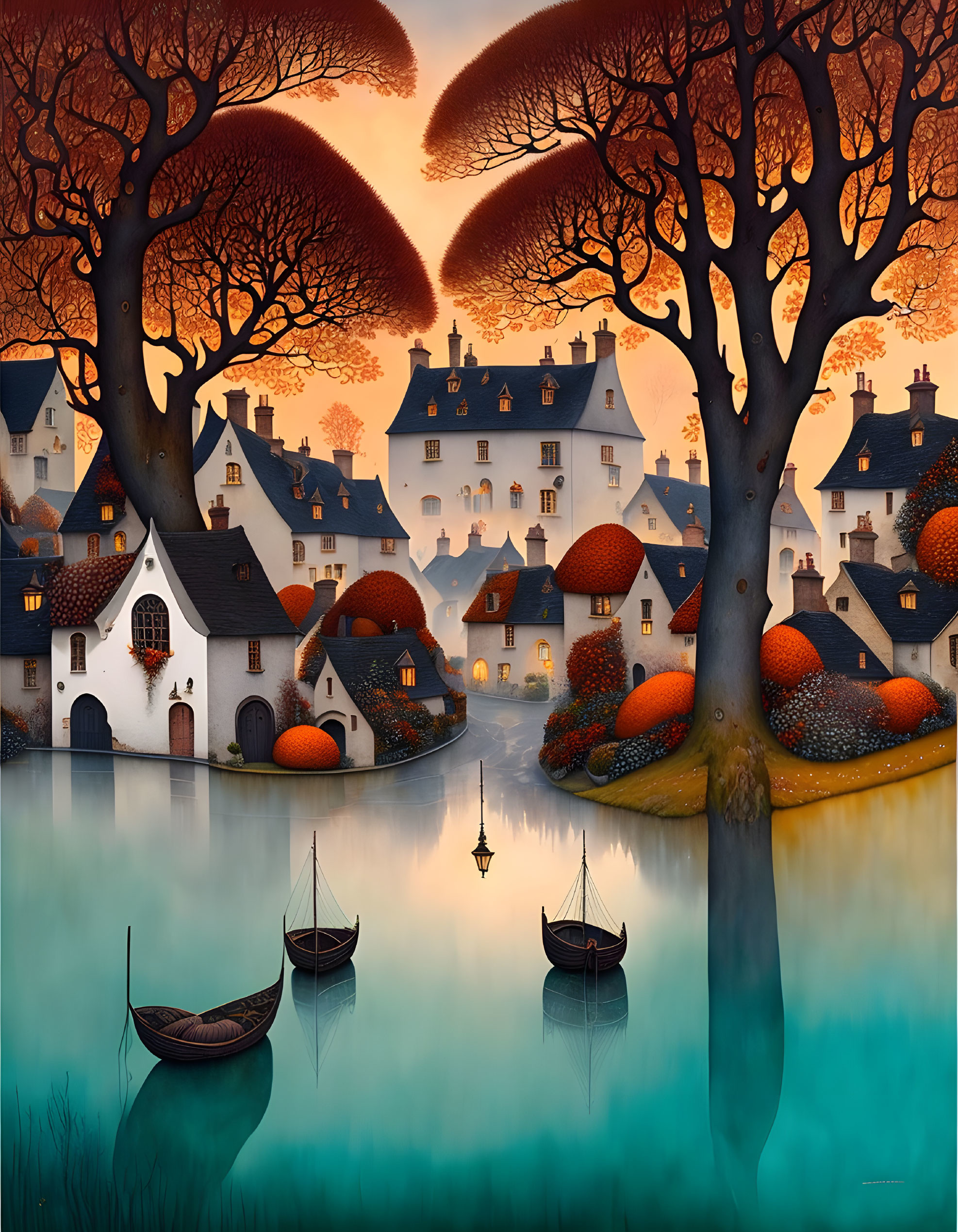 Peaceful lakeside village at dusk with boats, lantern-lit path, and autumn trees