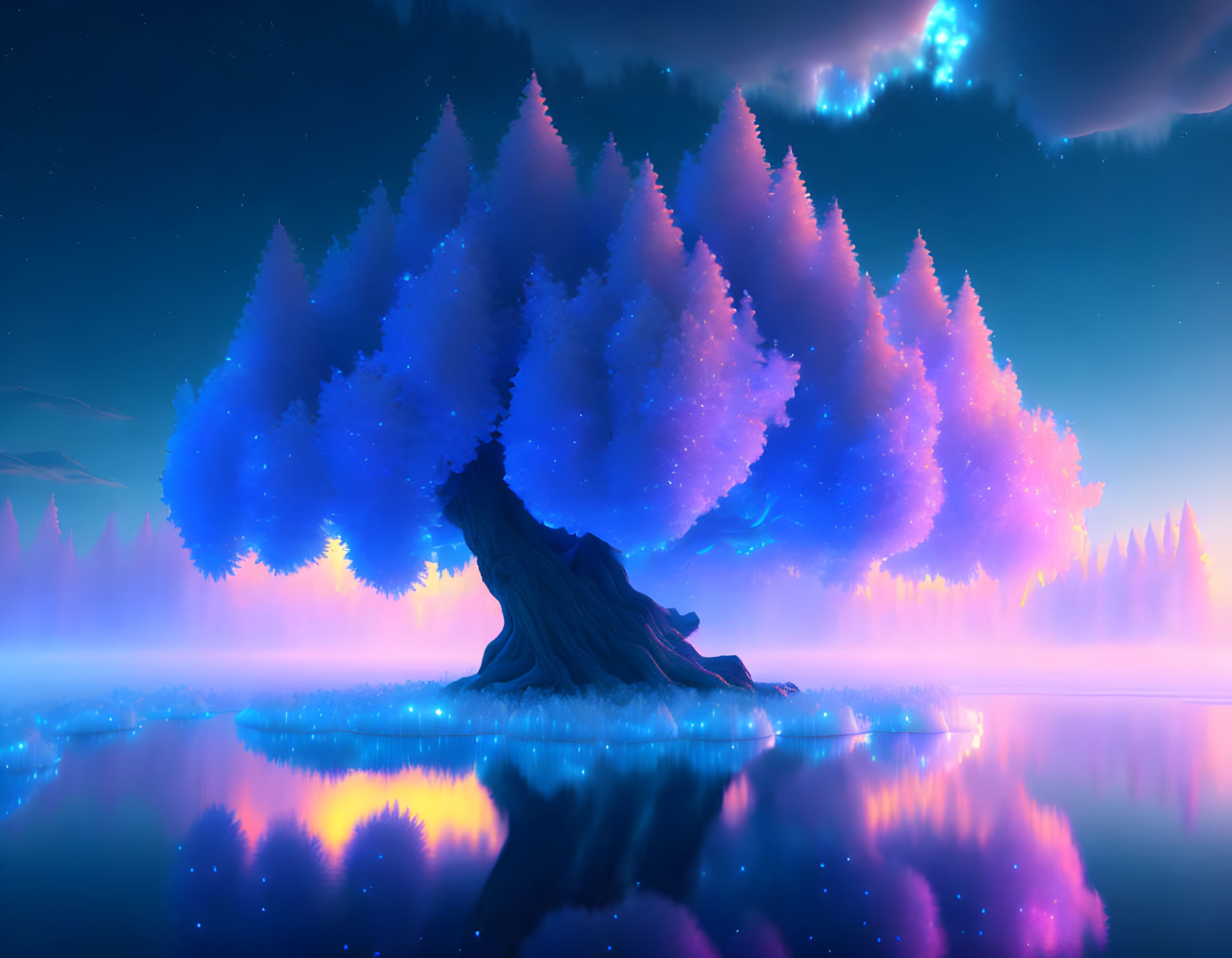 Mystical forest digital art: neon-lit trees, tranquil lake, starry sky, aur