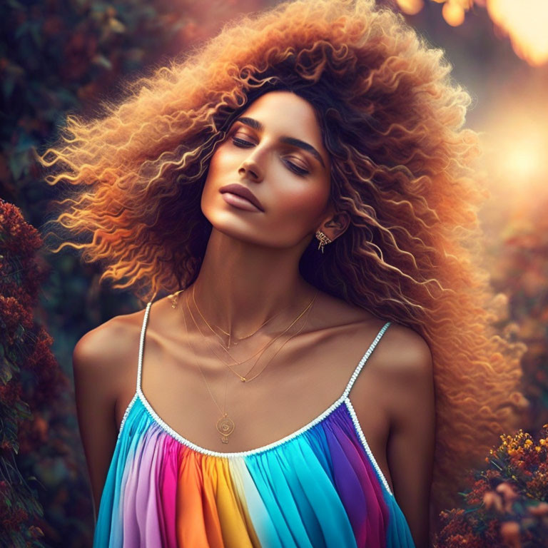 Curly-haired woman in colorful dress in autumn setting