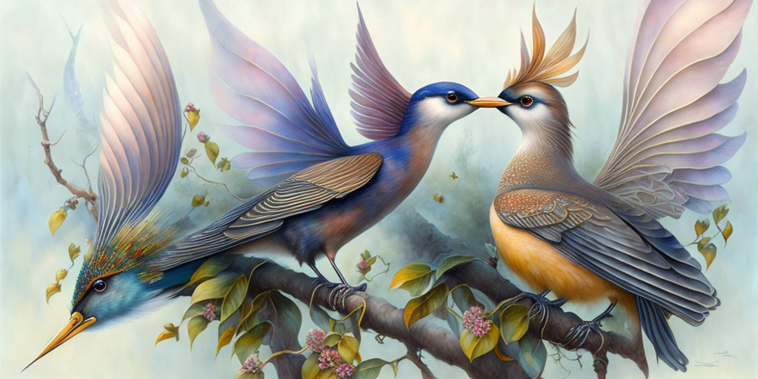 Colorful Stylized Birds Perched on Blooming Branch