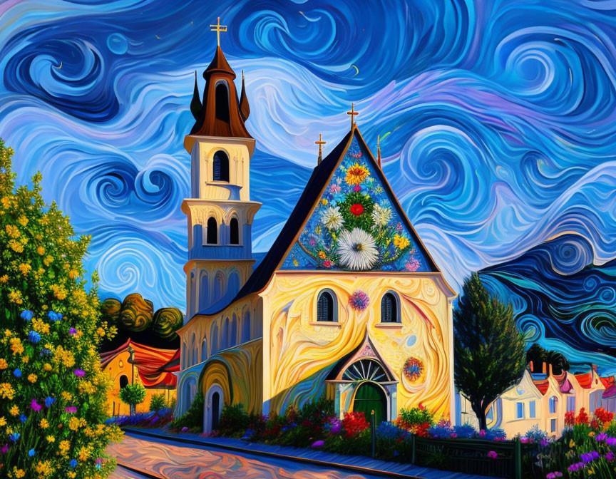 Colorful Church Painting with Swirling Sky & Floral Designs