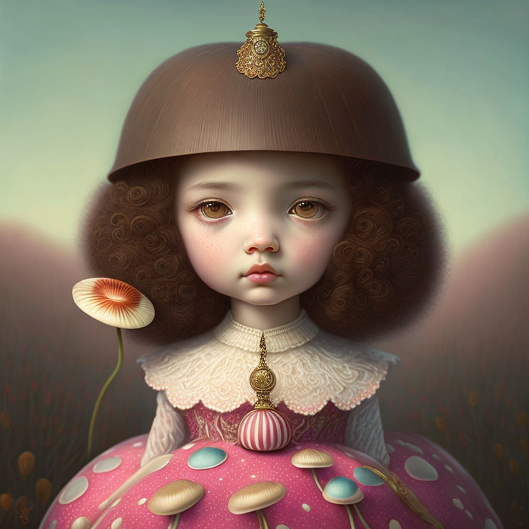 Illustration of a girl with expressive eyes and curly hair wearing a decorative helmet above a colorful mushroom