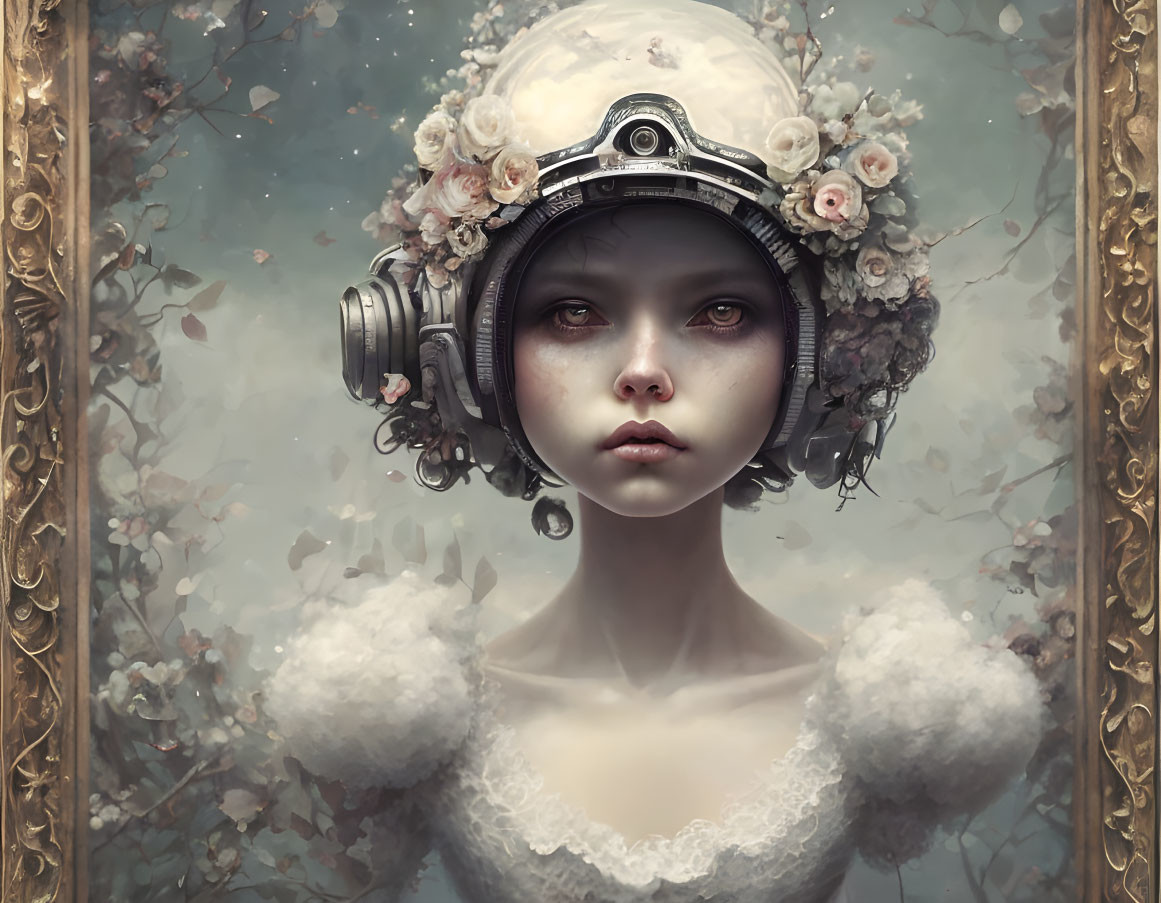 Surreal portrait of woman with vintage diving helmet and floral adornments