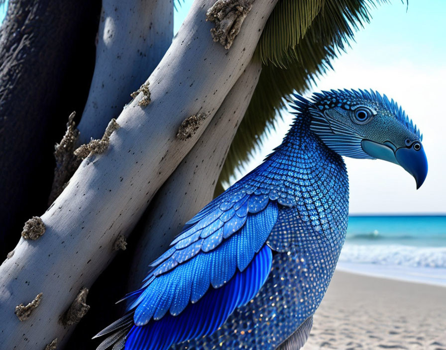 Colorful Blue Parrot on Tree Trunk by Beach