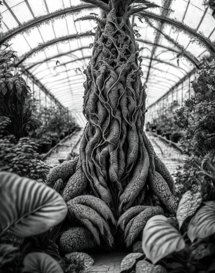 Greenhouse with textured vine plant and leafy surroundings.