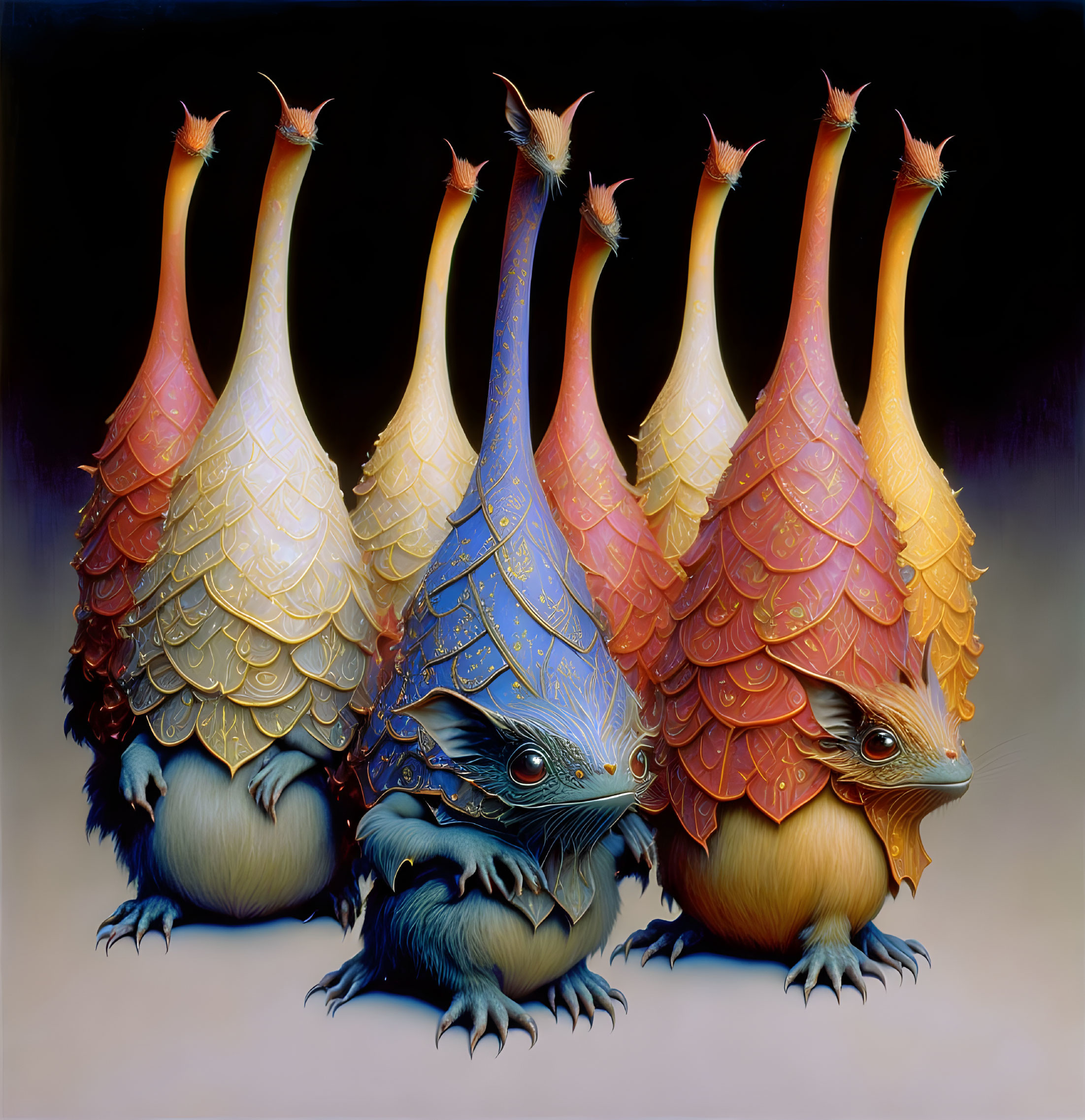 Fantastical creatures with blue faces, layered scales, and vibrant horns