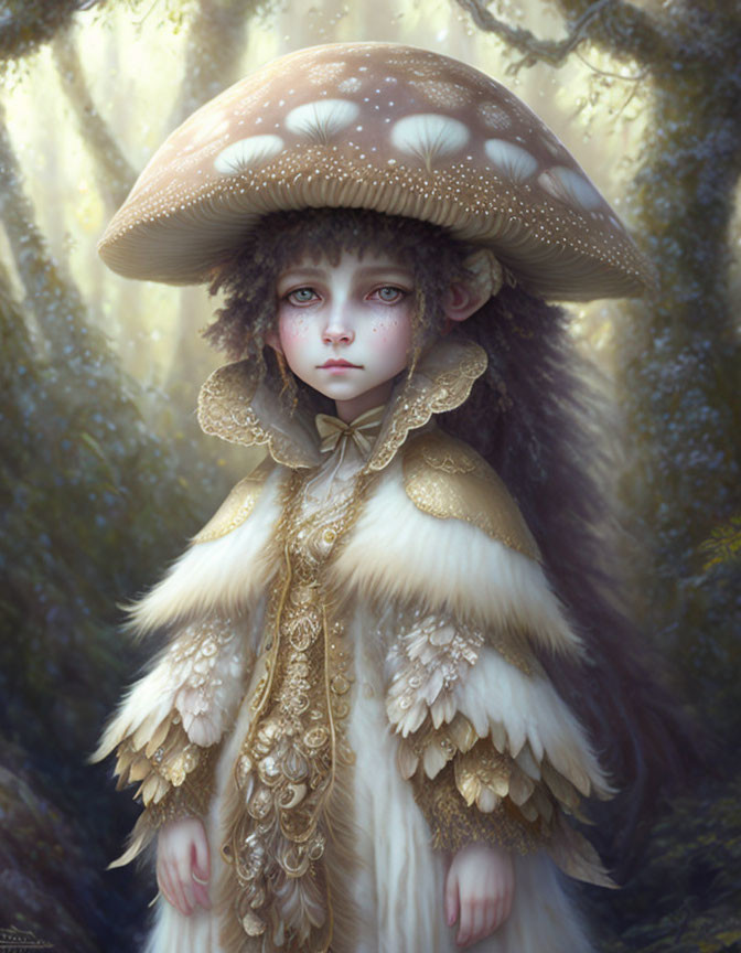 Child with Mushroom Cap Hat in Mystical Forest Fantasy Illustration