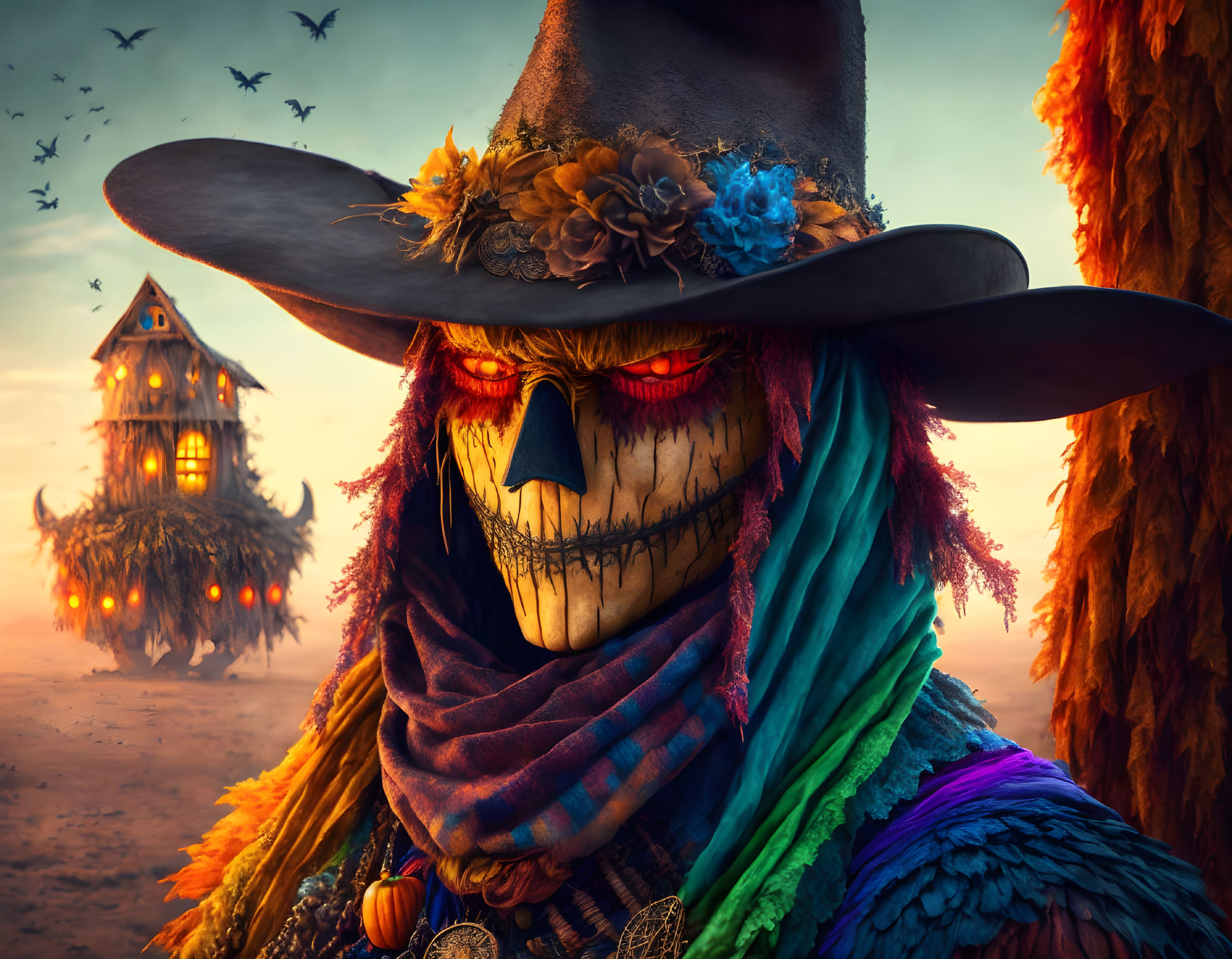 Colorful scarecrow with wide-brimmed hat and glowing red eyes in spooky autumn scene.