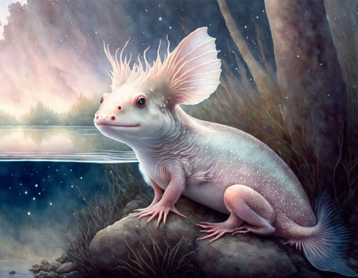 Fantastical axolotl-like creature with gills and spots in twilight setting