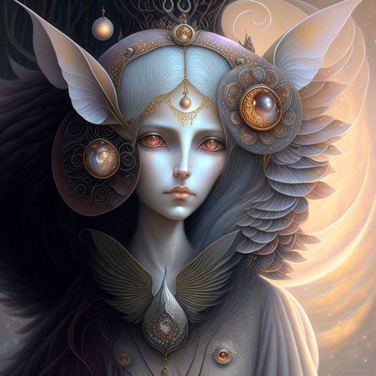 Fantasy illustration of woman with pale blue skin, red eyes, horns, metal adornments, feathers