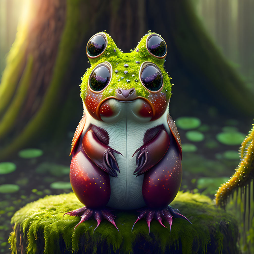 Illustration of chubby frog in forest with sunlight filtering through trees