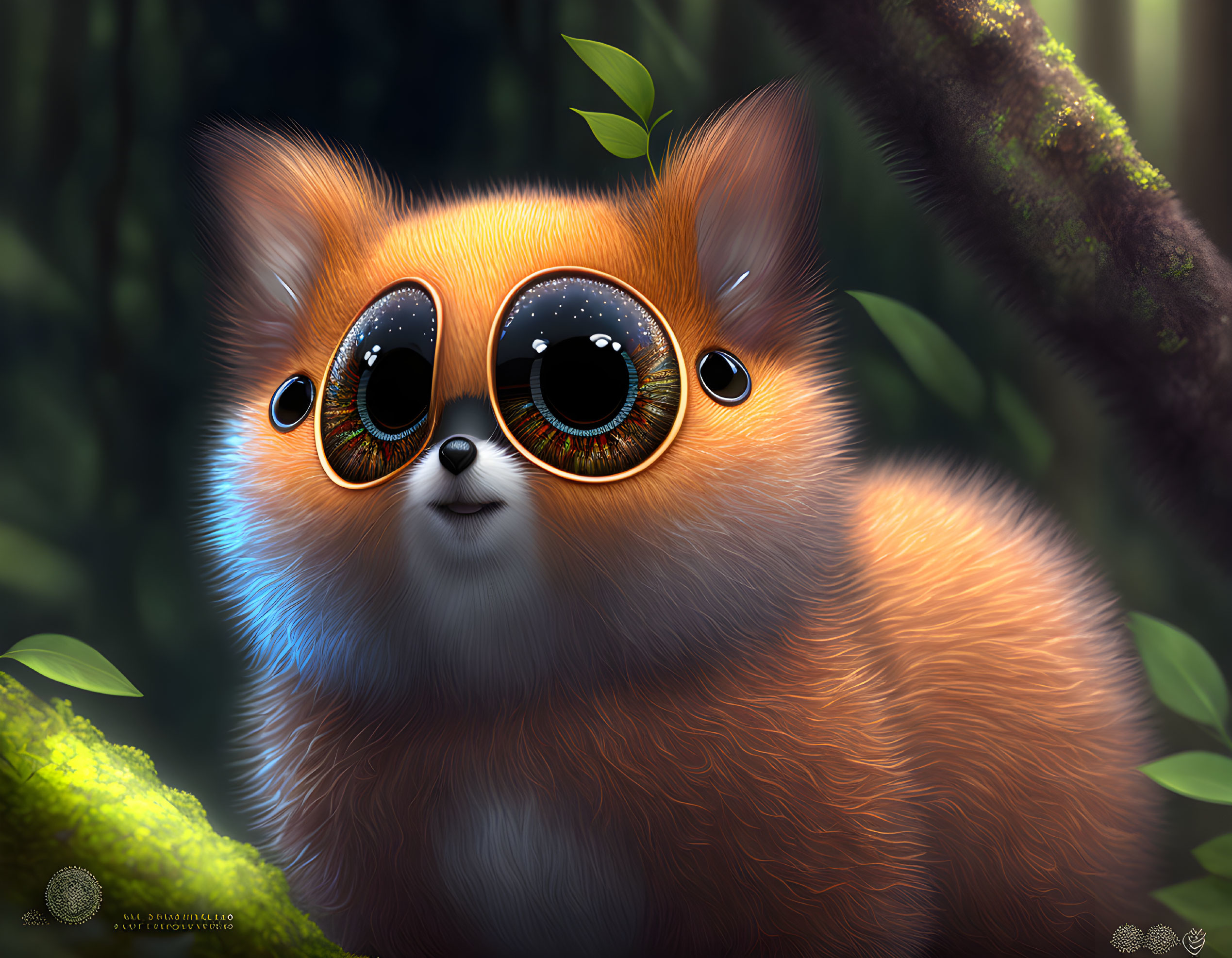 Orange Fluffy Creature in Dark Forest with Expressive Eyes