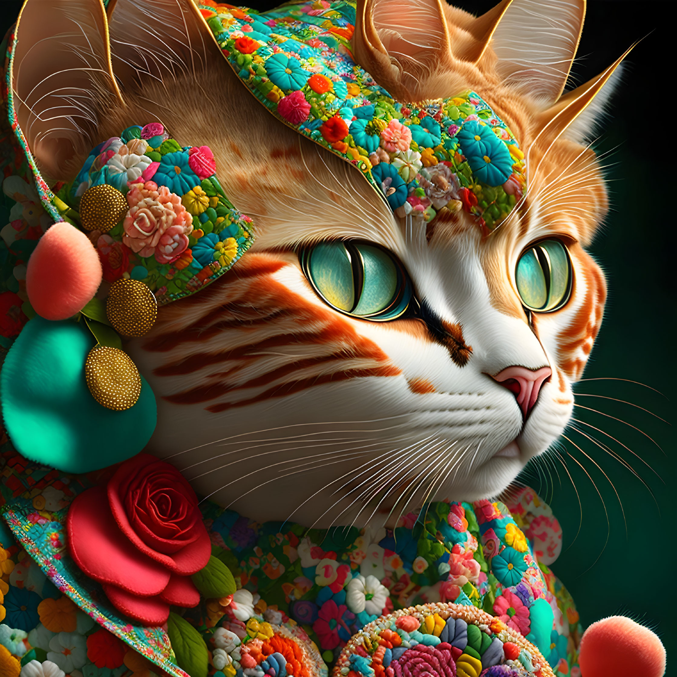 Ornately Decorated Cat with Floral Patterns and Green Eyes