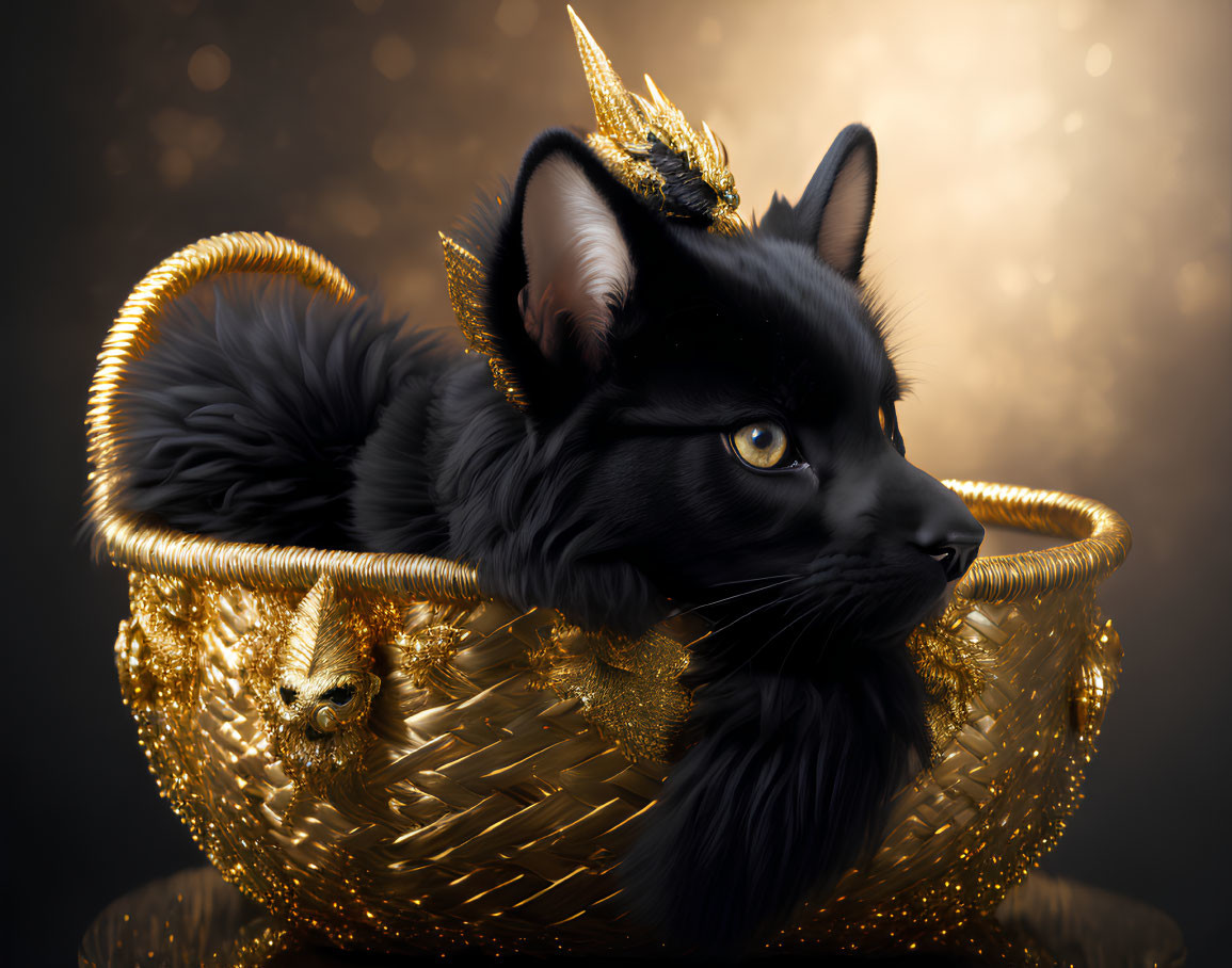 Majestic Black Cat with Golden Crown and Jewelry in Ornate Basket