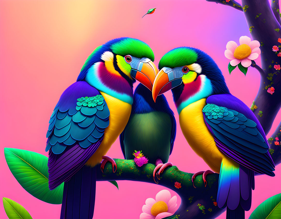 Colorful toucans touching beaks on branch, pink background with flowers.