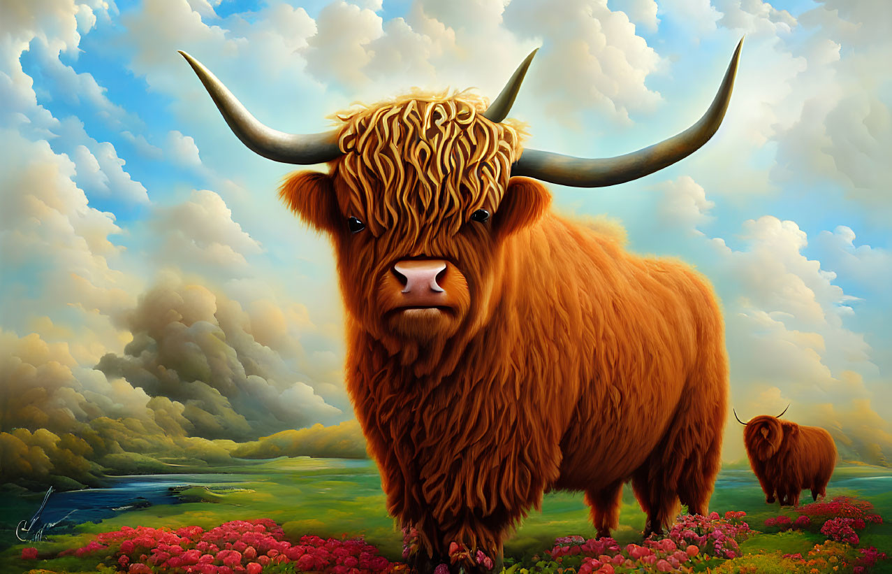 Stylized painting of highland cattle in vibrant field with pink flowers