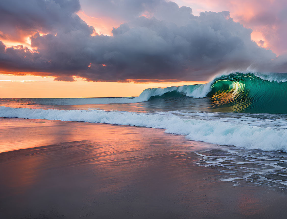 Vibrant sunset sky reflecting on beach with perfect barrel wave cresting