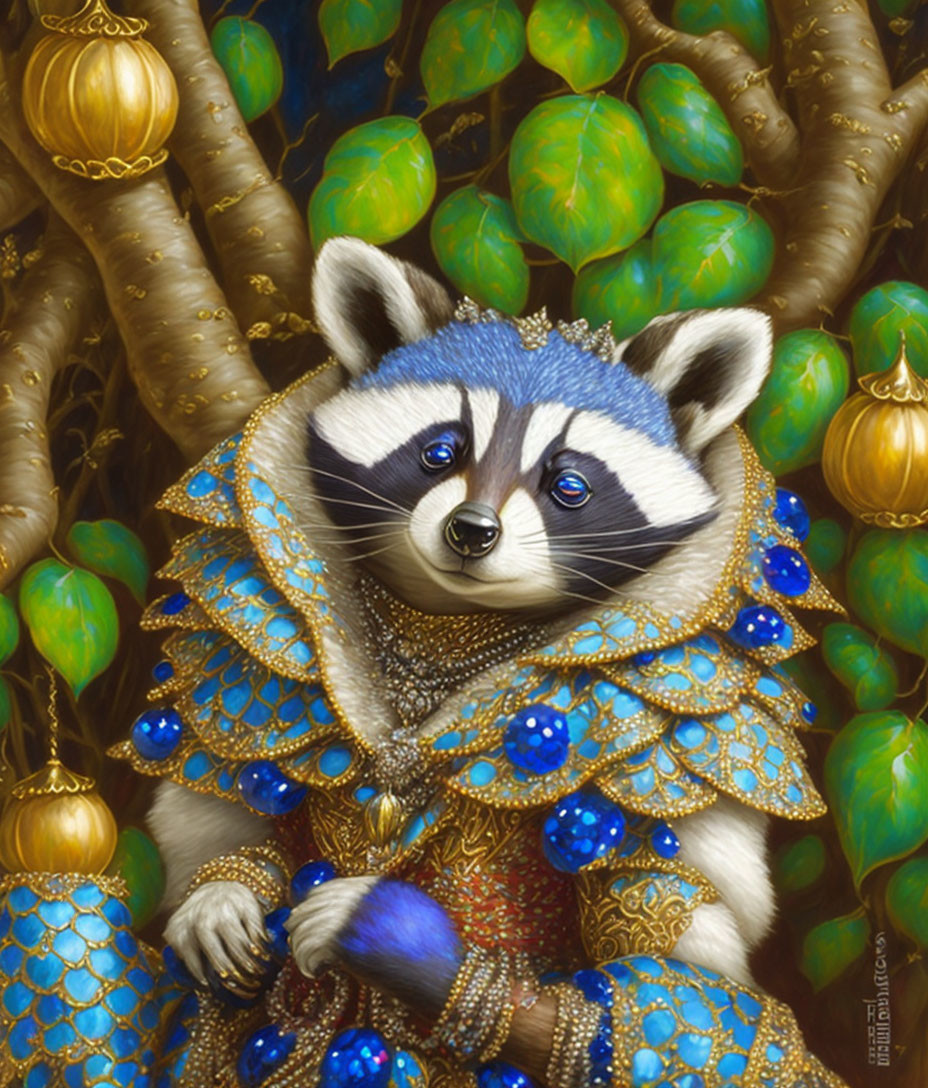 Adorned raccoon with gold and blue jewelry against golden backdrop