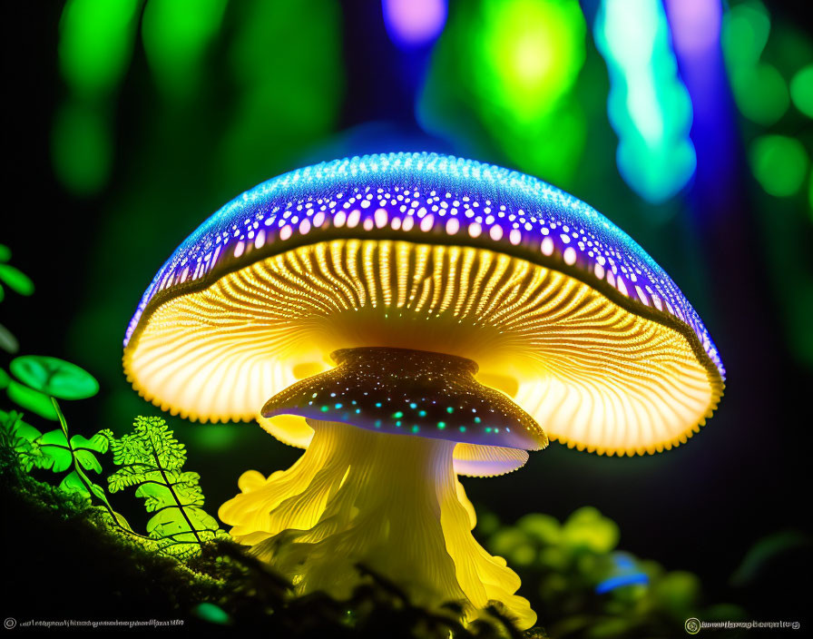 Bioluminescent mushroom glowing with colorful bokeh lights