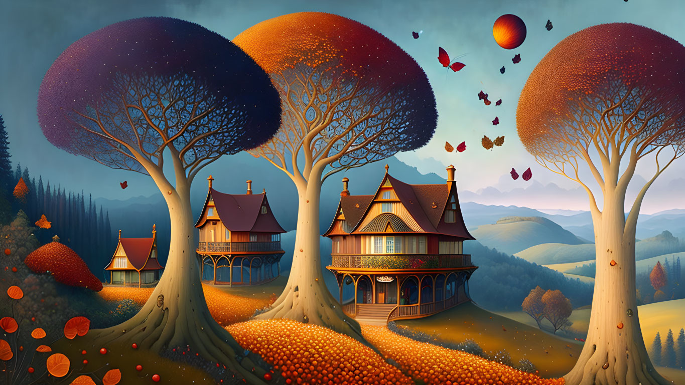 Whimsical autumn landscape with oversized mushroom trees and Victorian house