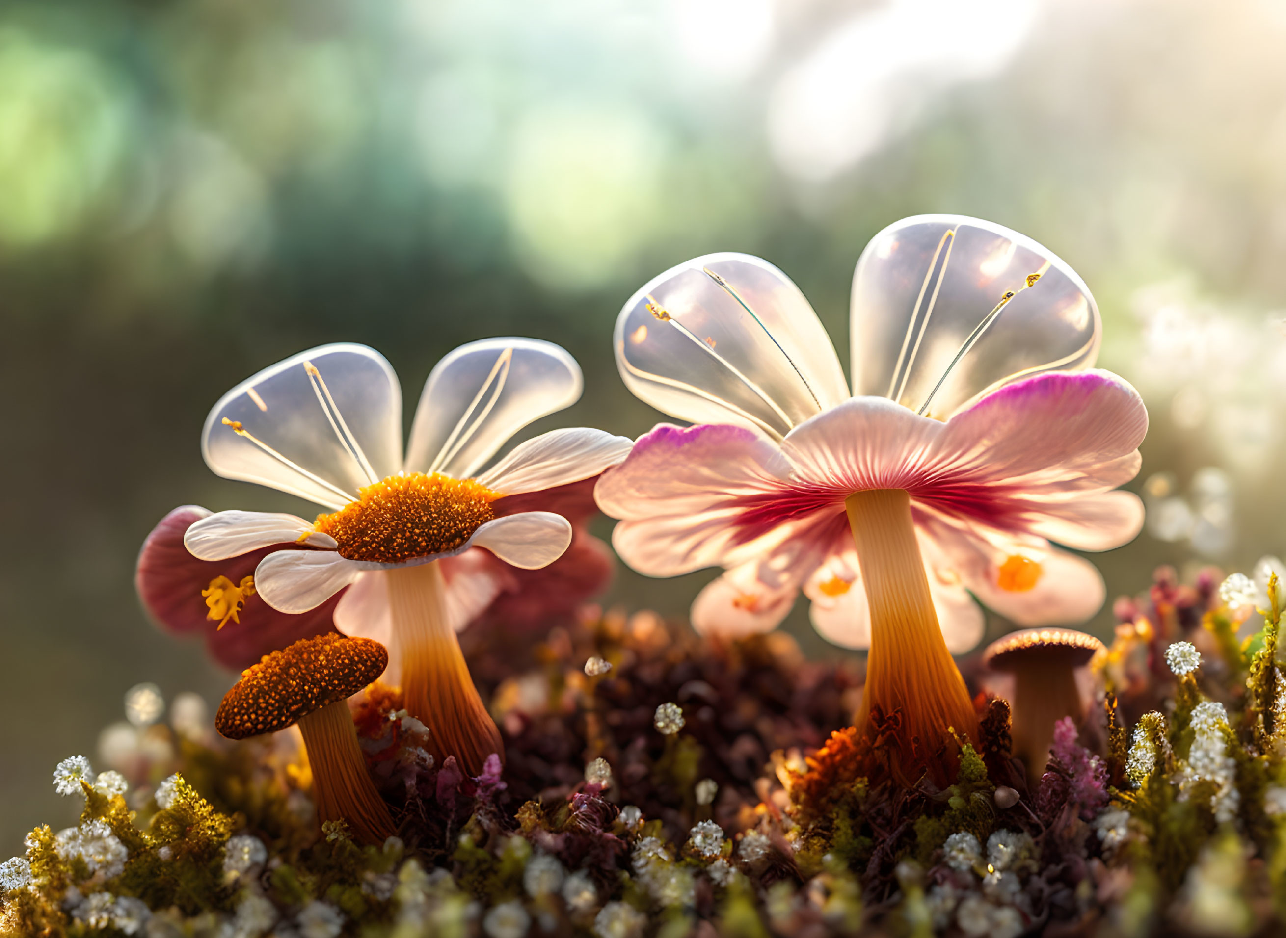 Digital artwork: Mushrooms and flowers blend in dreamy background