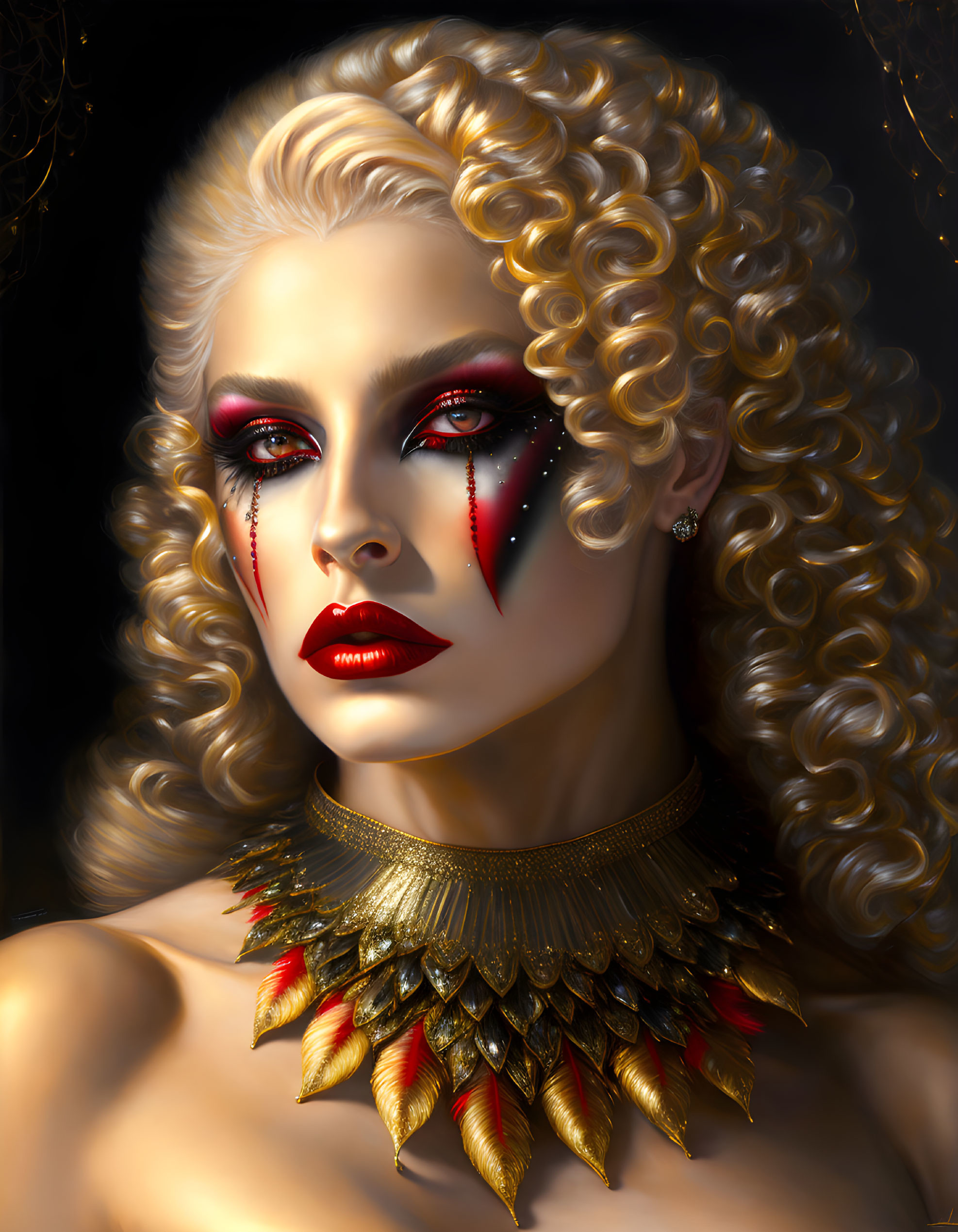 Blonde woman with dramatic makeup and golden leaf necklace on dark background