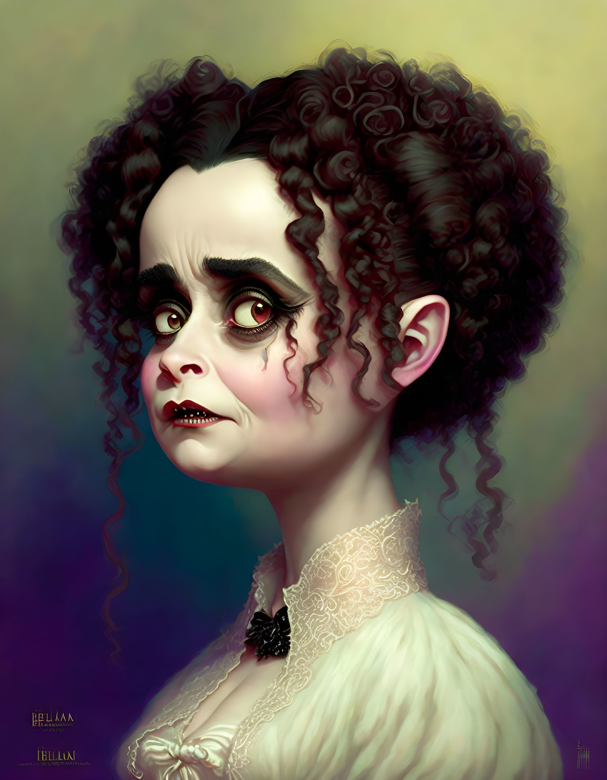 Gothic woman digital illustration with intense gaze and Victorian attire